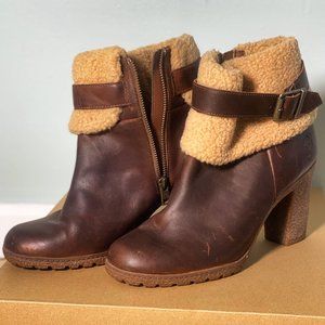 Timberland Brown Leather & Sherpa Heeled Boots, Side Zip